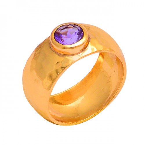 Faceted Round Shape Amethyst Gemstone 925 Silver Gold Plated Ring 