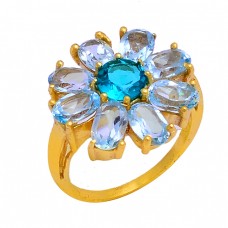 Blue Topaz Apatite Gemstone 925 Sterling Silver Gold Plated Ring Jewelry