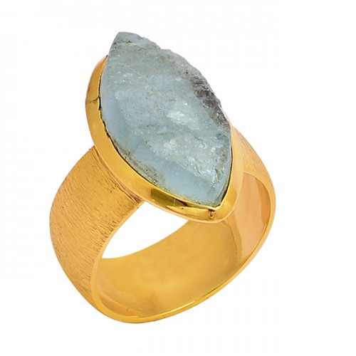 Aqua Chalcedony Rough Gemstone 925 Sterling Silver Gold Plated Ring