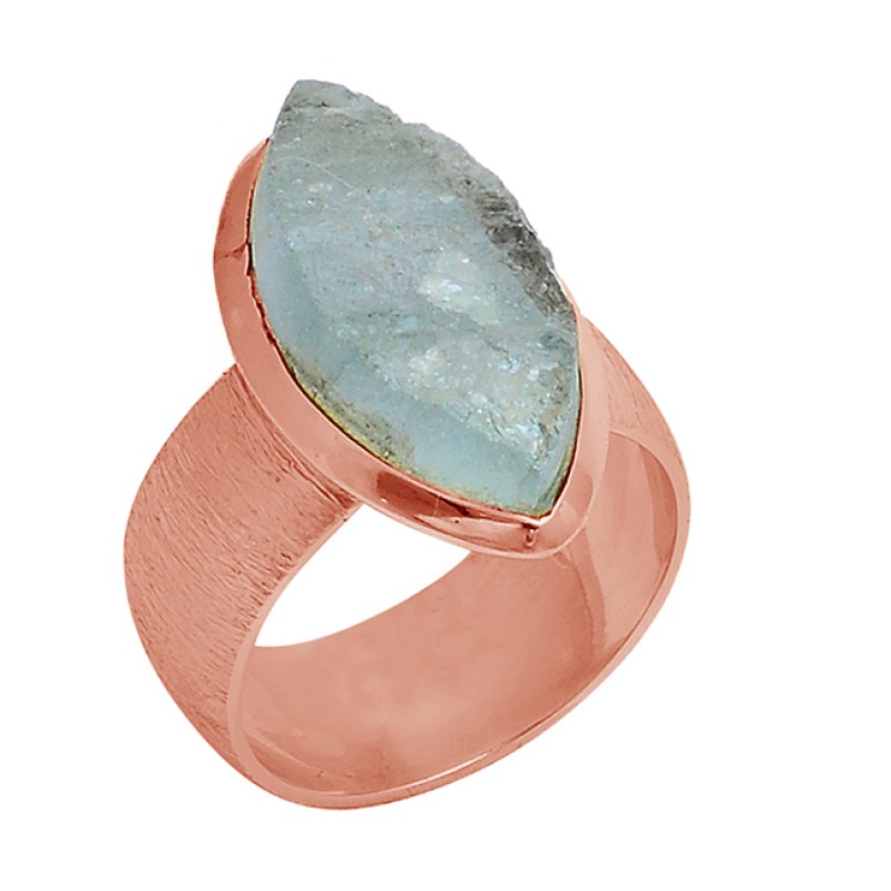 Aqua Chalcedony Rough Gemstone 925 Sterling Silver Gold Plated Ring
