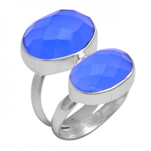 Faceted Oval Shape Blue Chalcedony Gemstone 925 Silver Ring Jewelry