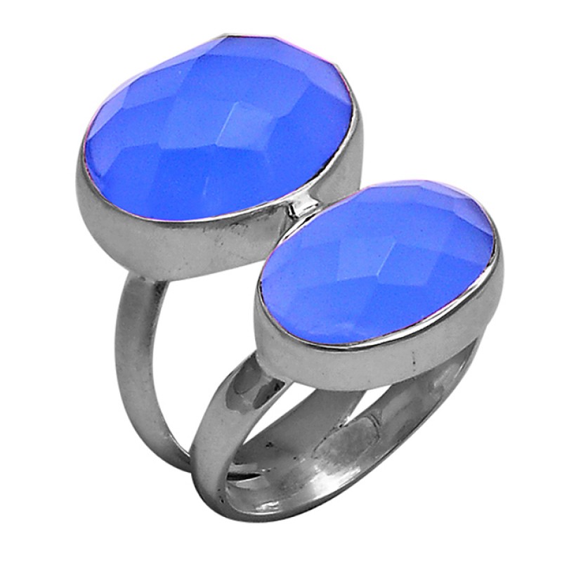Faceted Oval Shape Blue Chalcedony Gemstone 925 Silver Ring Jewelry