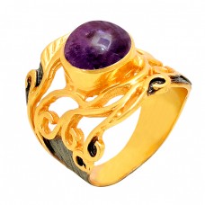 Round Shape Amethyst Gemstone 925 Sterling Silver Gold Plated Ring