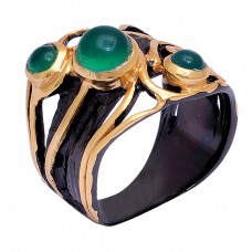 Round Shape Green Onyx Gemstone 925 Sterling Silver Gold Plated Ring