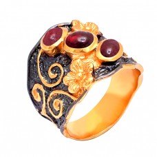 Cabochon Oval Shape Garnet Gemstone 925 Silver Gold Plated Ring