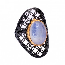 925 Sterling Silver Oval Shape Rainbow Moonstone Black Rhodium Ring