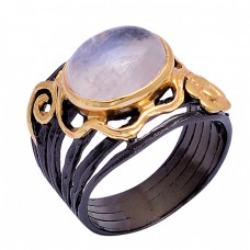 Cabochon Oval Shape Rainbow Moonstone 925 Silver Black Rhodium Ring