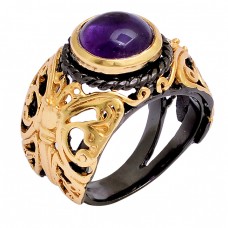 Cabochon Round Shape Amethyst Gemstone 925 Silver Gold Plated Ring