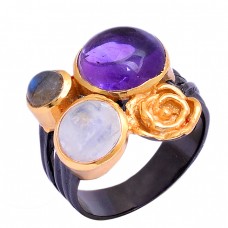 Amethyst Labradorite Moonstone 925 Sterling Silver Black Rhodium Ring