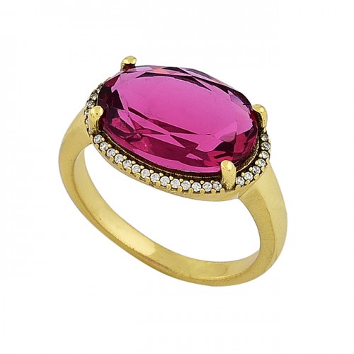 Pave Cz Pink Quartz Gemstone 925 Sterling Silver Gold Plated Ring Jewelry