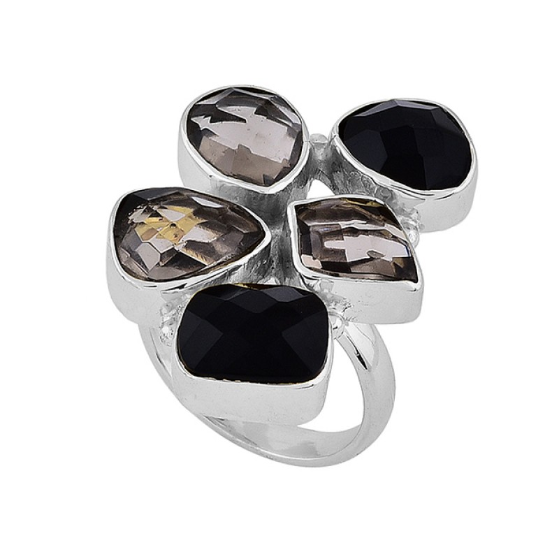 925 Sterling Silver Smoky Quartz Black Onyx Gemstone Gold Plated Ring