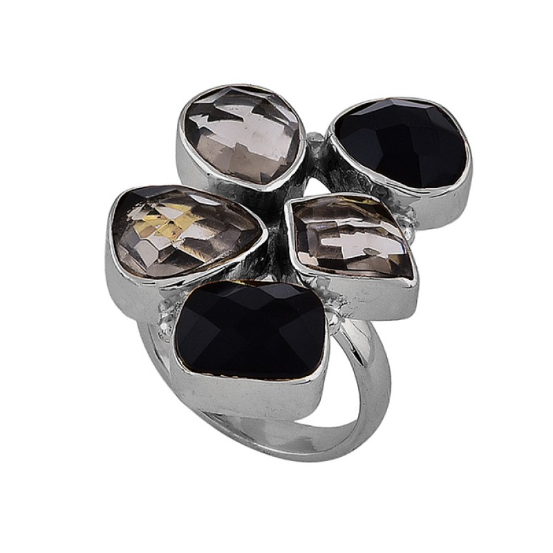 925 Sterling Silver Smoky Quartz Black Onyx Gemstone Gold Plated Ring