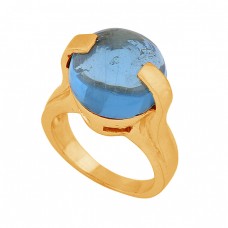 Round Cabochon Blue Quartz Gemstone 925 Silver Gold Plated Ring Jewelry