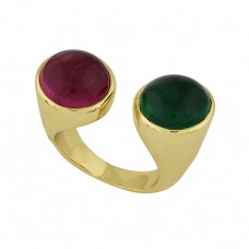 Round Shape Ruby Green Onyx Gemstone 925 Silver Gold Plated Ring