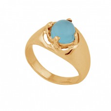 Round Shape Aqua Chalcedony Gemstone 925 Silver Gold Plated Ring Jewelry