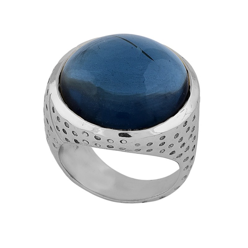 925 Sterling Silver Round Shape Blue Quartz Gemstone Gold Plated Ring