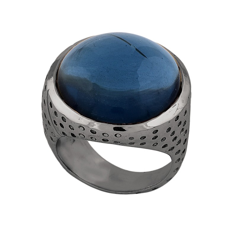 925 Sterling Silver Round Shape Blue Quartz Gemstone Gold Plated Ring