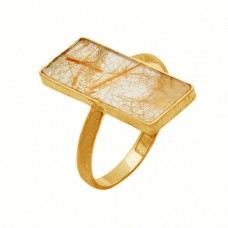 Rectangle Shape Golden Rutile Quartz Gemstone 925 Sterling Silver Gold Plated Ring