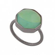 Six Corner Prehnite Chalcedony Gemstone 925 Silver Black Rhodium Ring