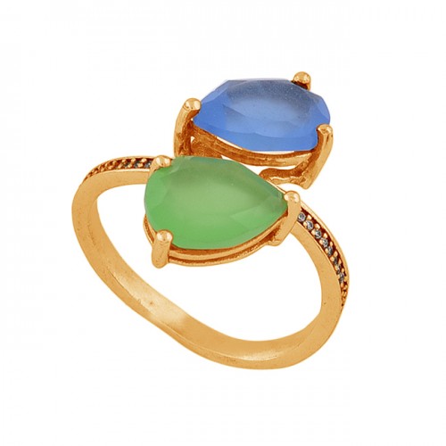 Pear Shape Chalcedony Gemstone 925 Sterling Silver Gold Plated Ring