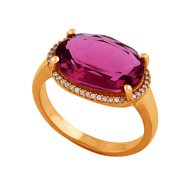 Oval Shape Pink Tourmaline Quartz Gemstone 925 Silver Rose Gold Plated Ring