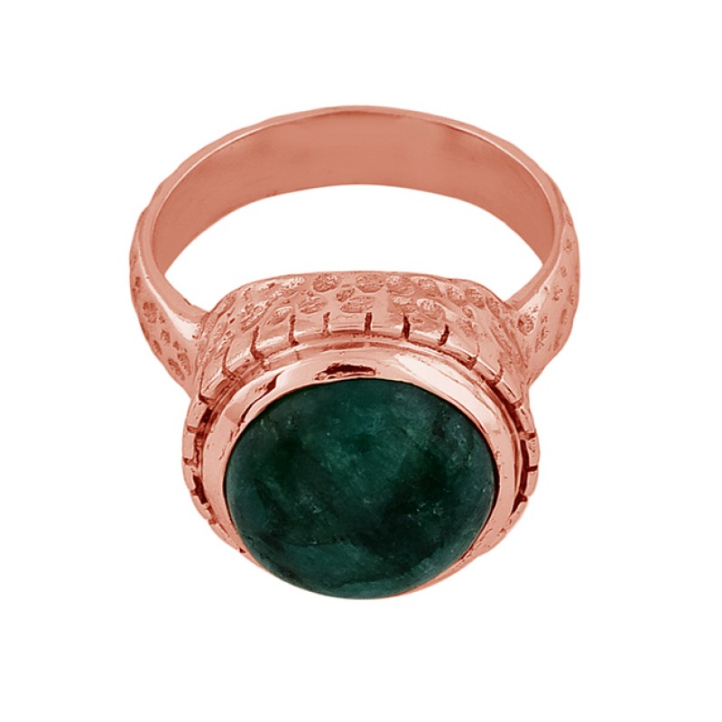 Round Shape Emerald Gemstone 925 Sterling Silver Gold Plated Ring Jewelry