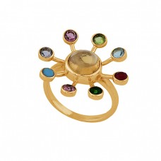 Round Shape Multi Color Gemstone 925 Sterling Silver Gold Plated Ring