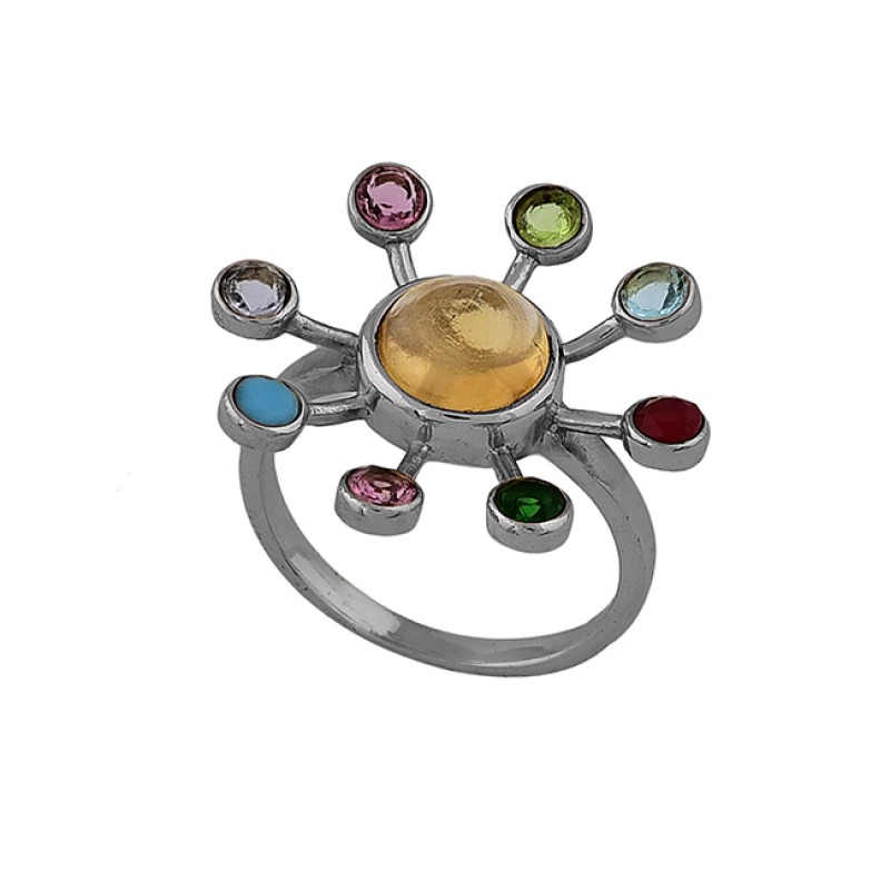 Round Shape Multi Color Gemstone 925 Sterling Silver Gold Plated Ring