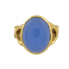 Oval Shape Blue Chalcedony Gemstone 925 Sterling Silver Gold Plated Ring
