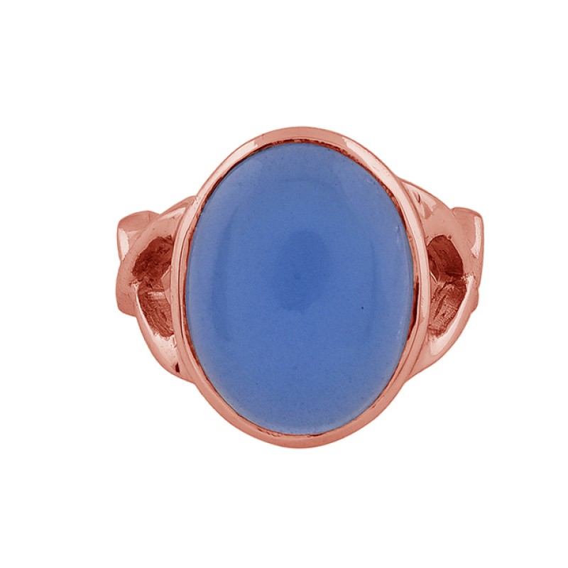 Oval Shape Blue Chalcedony Gemstone 925 Sterling Silver Gold Plated Ring