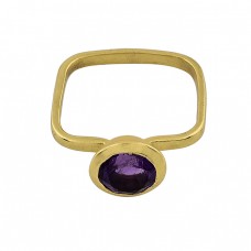 Round Shape Amethyst Gemstone 925 Sterlig Silver Gold Plated Ring