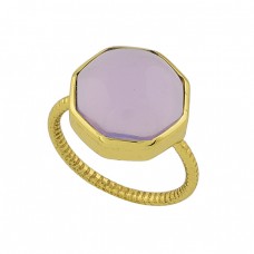 Six Corner Shape Rose Chalcedony Gemstone 925 Sterling Silver Gold Plated Ring