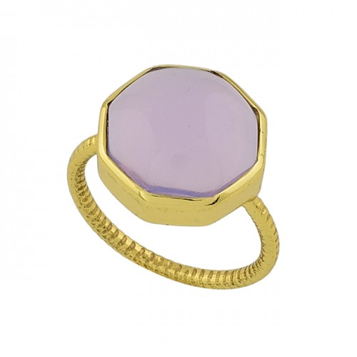 Six Corner Shape Rose Chalcedony Gemstone 925 Sterling Silver Gold Plated Ring