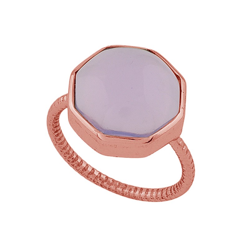Six Corner Shape Rose Chalcedony Gemstone 925 Sterling Silver Gold Plated Ring