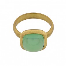 Square Shape Prehnite Chalcedony Gemstone 925 Sterling Silver Gold Plated Ring