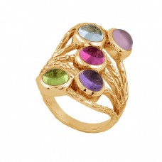 Round Shape Multi Color Gemstone 925 Sterling Silver Gold Plated Ring