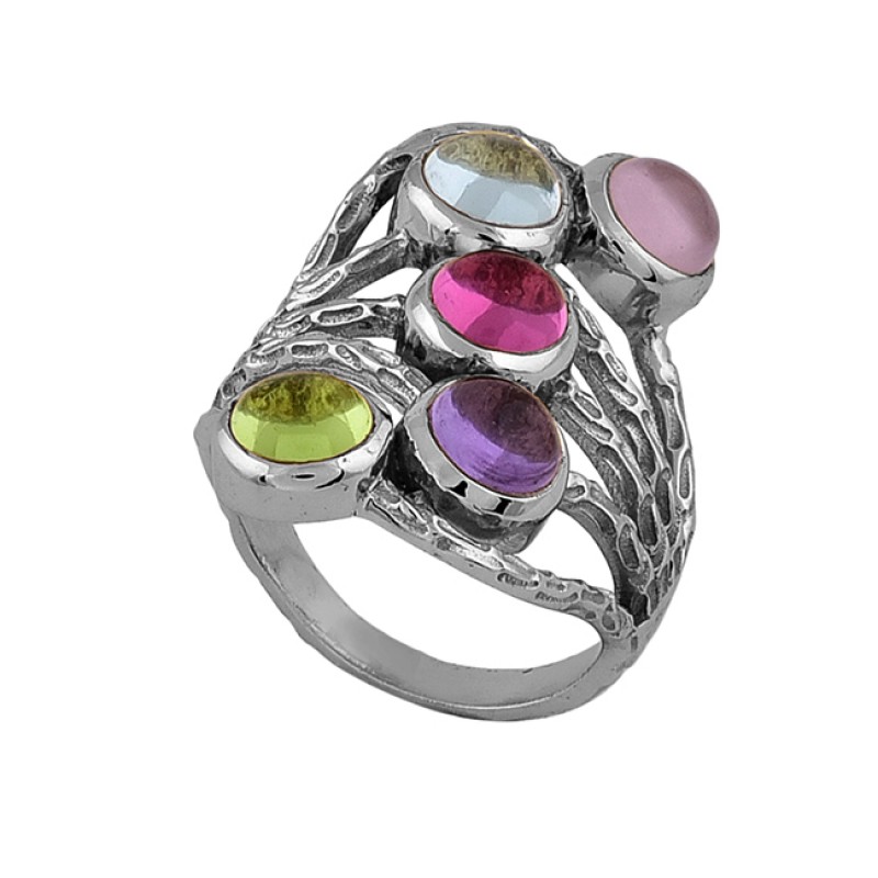 Round Shape Multi Color Gemstone 925 Sterling Silver Gold Plated Ring
