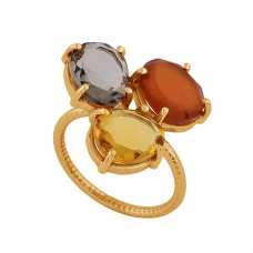 Smoky Quartz Citrine Carnelian Gemstone 925 Silver Gold Plated Ring