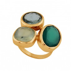 Blue Topaz Chalcedony Green Onyx Gemstone 925 Silver Gold Plated Ring
