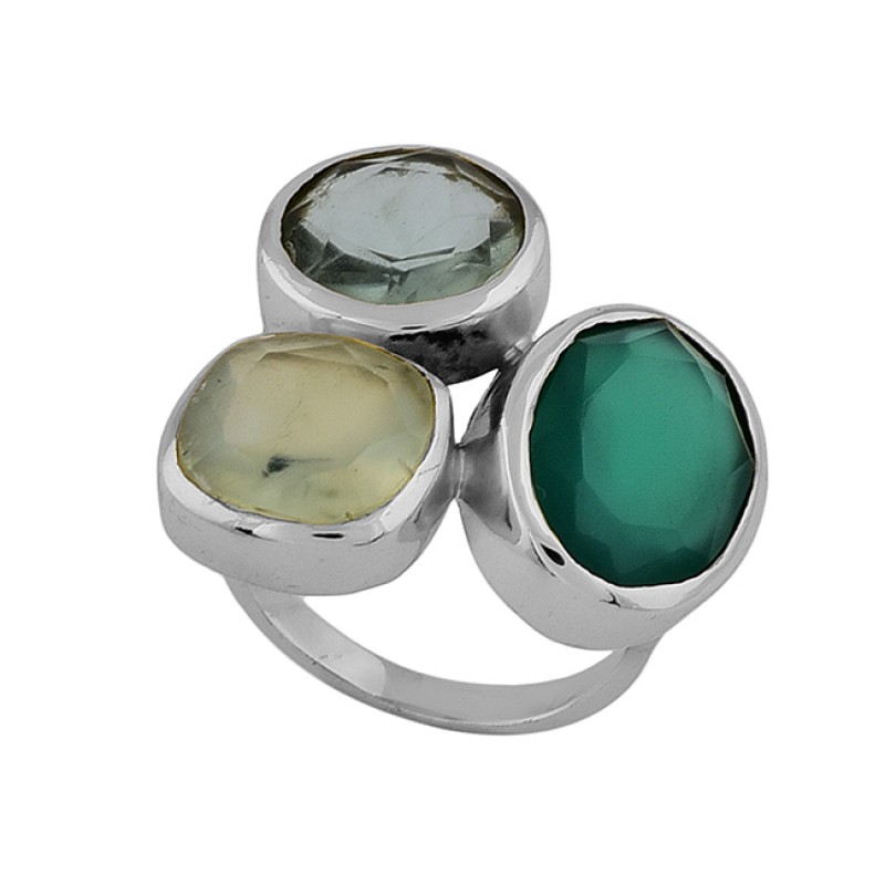 Blue Topaz Chalcedony Green Onyx Gemstone 925 Silver Gold Plated Ring