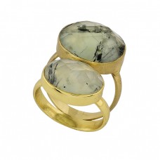 Oval Shape Prehnite Chalcedony Gemstone 925 Silver Gold Plated Ring