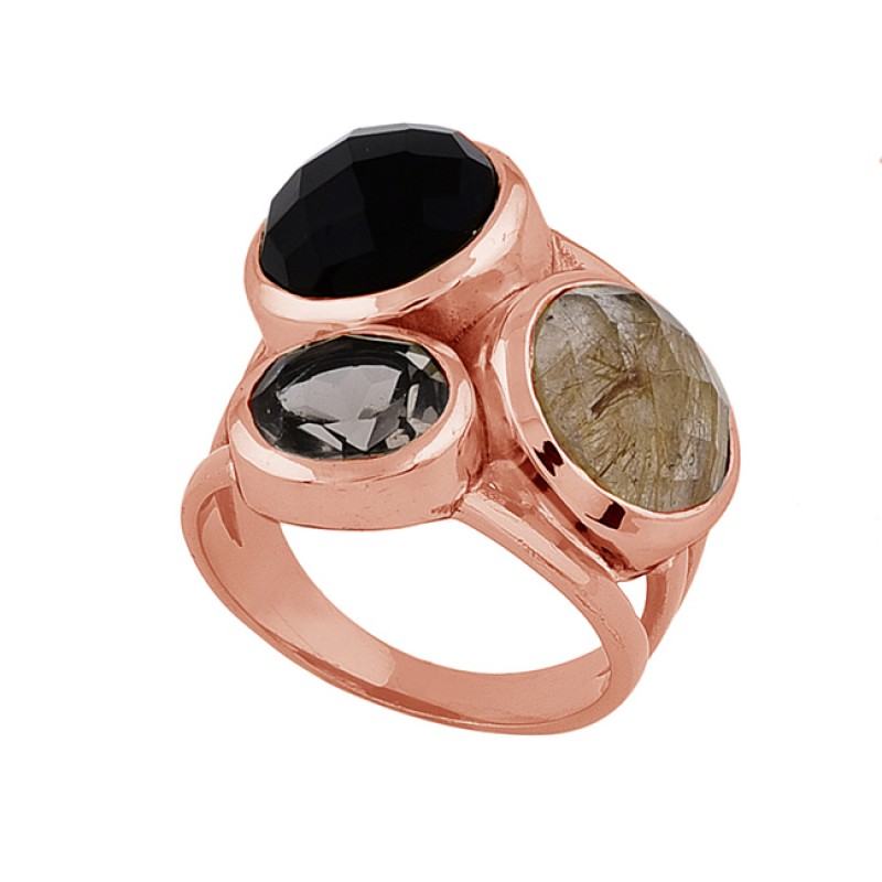 925 Sterling Silver Round Oval Shape Gemstone Black Rhodium Ring Jewelry