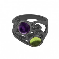 Amethyst Peridot Gemstone 925 Sterling Silver Black Rhodium Ring Jewelry