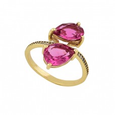 Faceted Pear Shape Pink Quartz Gemstone 925 Silver Gold Plated Ring Jewelry