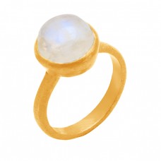 Rainbow Moonstone Round Cabochon Gemstone 925 Sterling Silver Gold Plated Jewelry Ring
