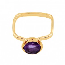 Round Shape Amethyst Gemstone 925 Sterling Silver Gold Plated Ring