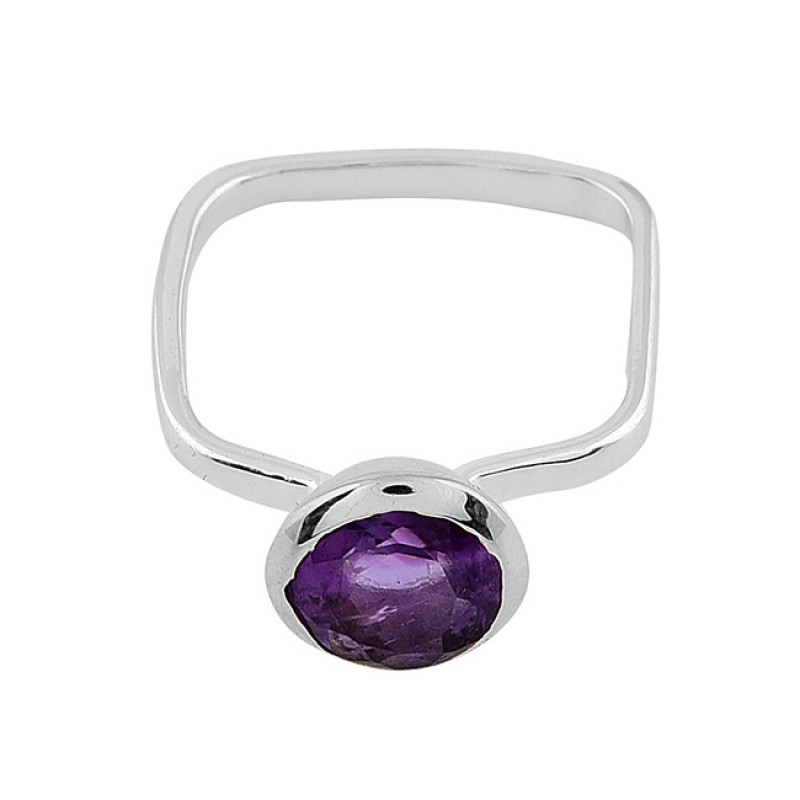 Round Shape Amethyst Gemstone 925 Sterling Silver Gold Plated Ring