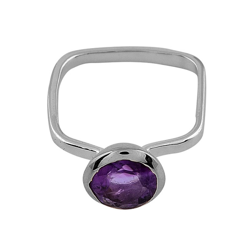 Round Shape Amethyst Gemstone 925 Sterling Silver Gold Plated Ring
