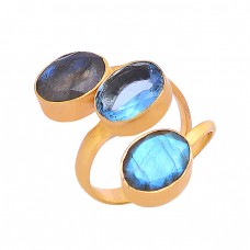 Oval Shape Labradorite Blue Topaz Gemstone 925 Silver Gold Plated Ring