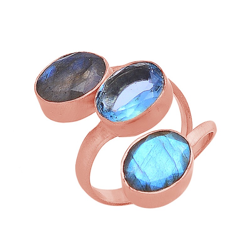 Oval Shape Labradorite Blue Topaz Gemstone 925 Silver Gold Plated Ring